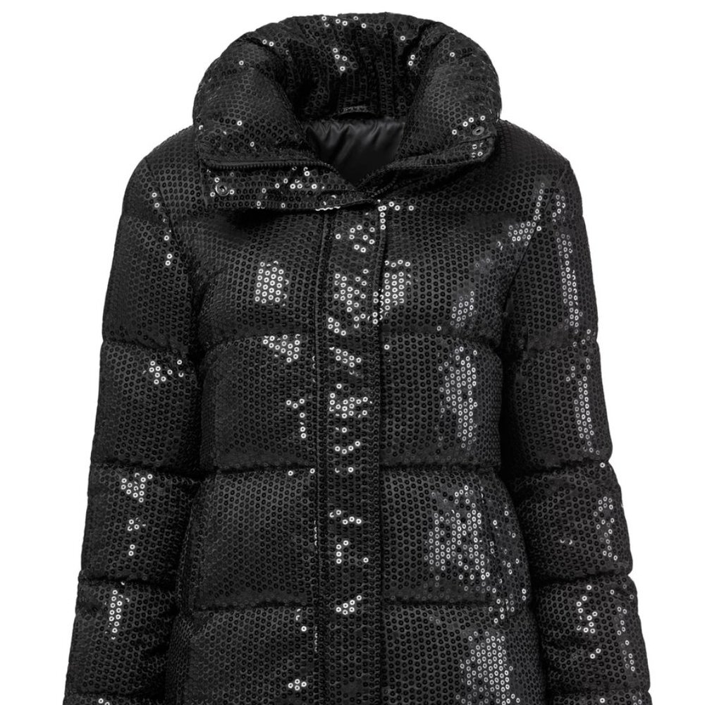 NWT Unreal Fur Black Sequin Puffer Jacket Front Zip High Collar Sz XS - Picture 15 of 16